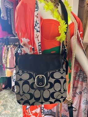 Coach Black and Gray Signature Canvas Crossbody with Leather Flap